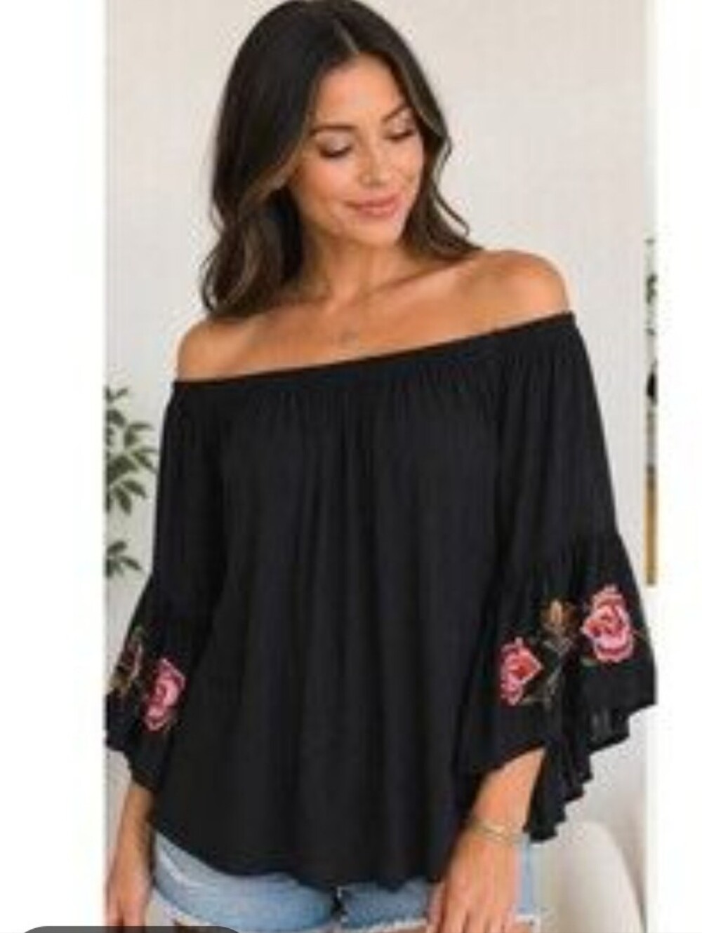 Feathers Black Off-Shoulder Top with Rose Embroidery